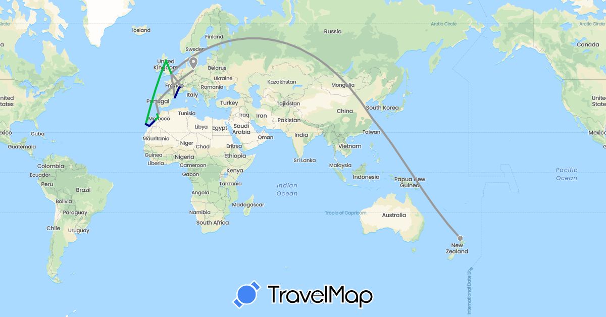 TravelMap itinerary: driving, bus, plane in Switzerland, China, Germany, Spain, France, United Kingdom, Morocco, New Zealand, Portugal (Africa, Asia, Europe, Oceania)